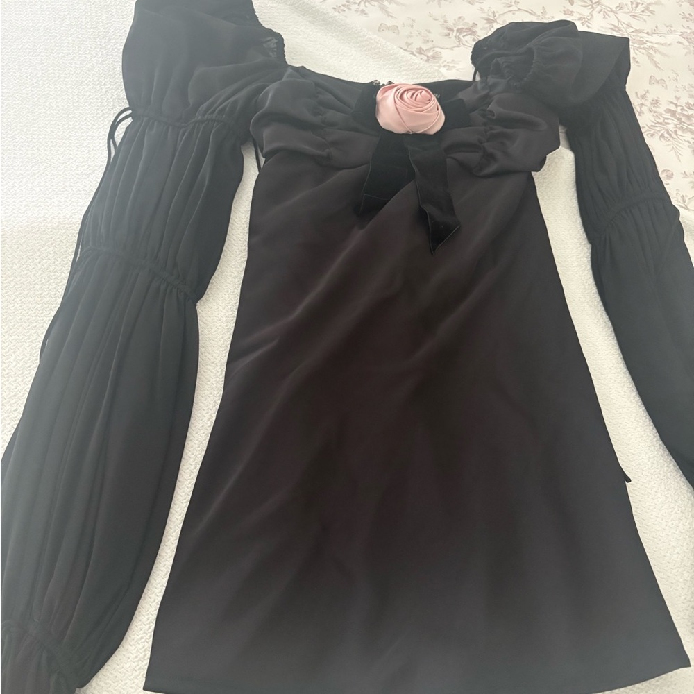 For Love & Lemons Black Long-Sleeve Mini Dress with Pink Rosette - Picture 2 of 5